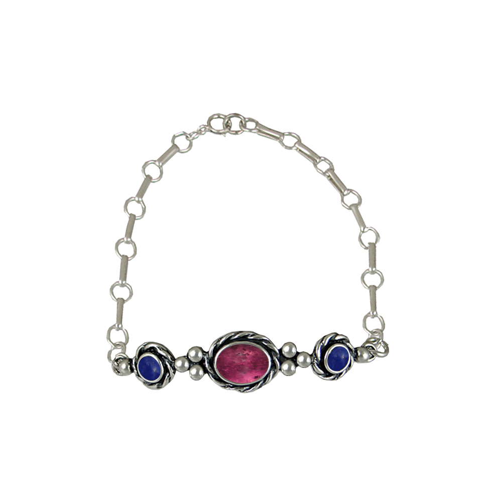 Sterling Silver Gemstone Adjustable Chain Bracelet With Pink Tourmaline And Lapis Lazuli